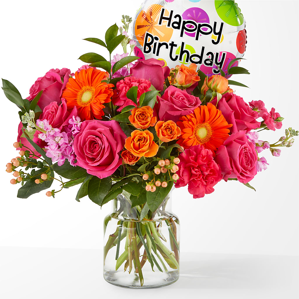 Fiesta Bouquet with Birthday Balloon – HARRY'S FLOWERS, Victoria BC
