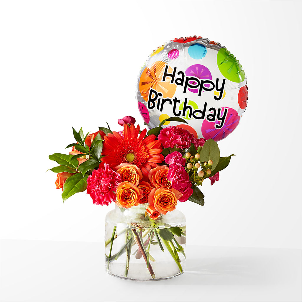 Fiesta Bouquet with Birthday Balloon – HARRY'S FLOWERS, Victoria BC