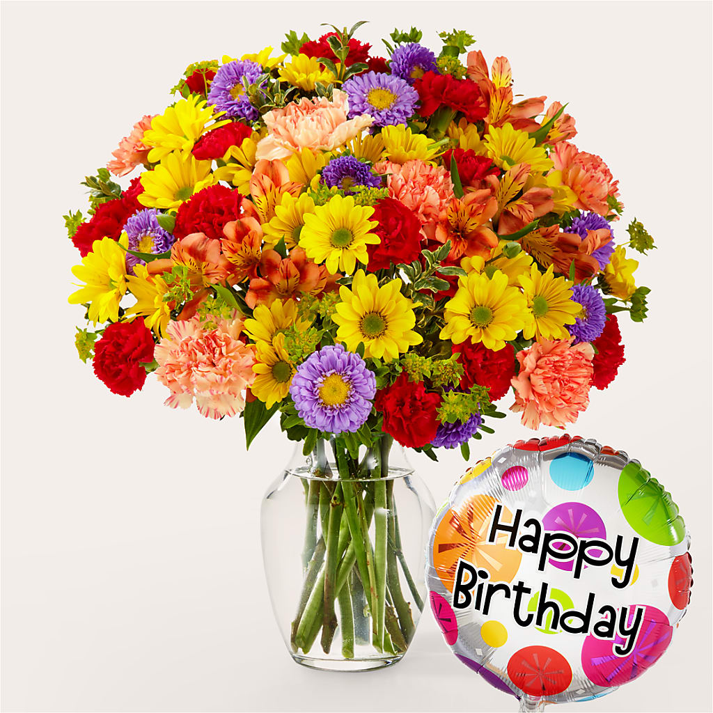 Kaleidoscope Bouquet with Birthday Balloon – HARRY'S FLOWERS, Victoria BC