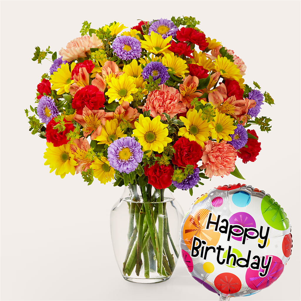 Kaleidoscope Bouquet with Birthday Balloon – HARRY'S FLOWERS, Victoria BC