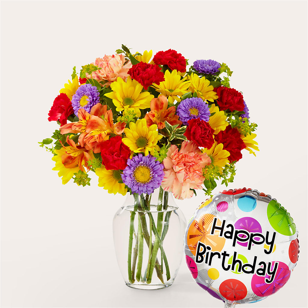 Kaleidoscope Bouquet with Birthday Balloon – HARRY'S FLOWERS, Victoria BC