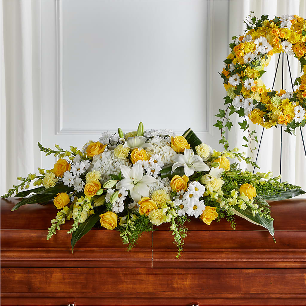Golden Harmony Casket Spray – HARRY'S FLOWERS, Victoria BC
